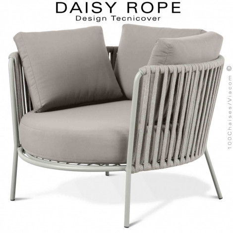 Salon de jardin ou fauteuil large lounge DAISY-ROPE, structure acier peint, tressage cordage, assise coussin habillage tissu.|Fauteuil / Chauffeuse|100chaises