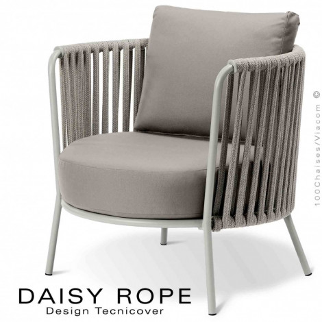 Salon de jardin ou fauteuil lounge DAISY-ROPE, structure acier peint, tressage cordage, assise coussin habillage tissu.|Fauteuil / Chauffeuse|100chaises
