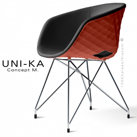 Fauteuil tendance et chic UNI-KA, assise coque couleur effet matelassé, pieds Eiffel peint ou chromé, assise habillage cuir.|Fauteuil / Chauffeuse|100chaises