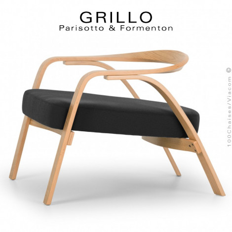 Fauteuil de salon lounge GRILLO, structure hêtre multicouche courbée, placage chêne vernis, assise et dossier coussin tissu.|Fauteuil / Chauffeuse|100chaises