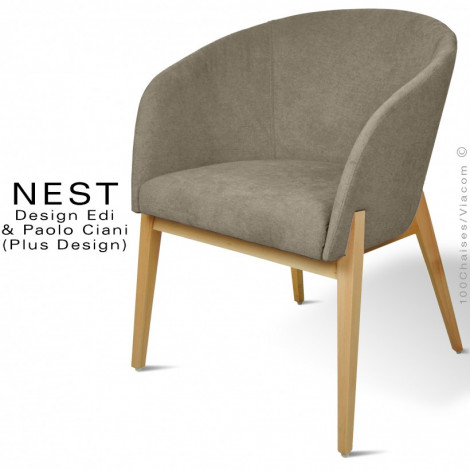 Fauteuil repas restauration NEST, piétement bois massif conique vernis, assise et dossier garnis de mousse, habillage tissu.|Fauteuil / Chauffeuse|100chaises
