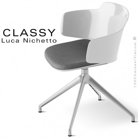 Fauteuil de bureau CLASSY, piétement aluminium, assise pivotante plastique couleur avec accoudoirs et coussin d'assise.|Fauteuil / Chauffeuse|100chaises