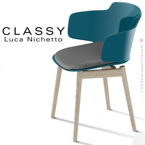 Fauteuil design confort CLASSY, piétement bois Frêne vernis, assise coque couleur avec accoudoirs et coussin - Lot de 2 pièces.|Fauteuil / Chauffeuse|100chaises