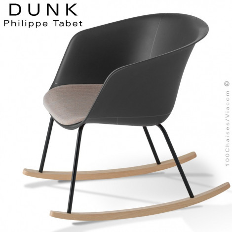 Fauteuil à bascule rocking chair DUNK, assise plastique couleur avec coussin, piétement acier et bois de hêtre, finition vernis.|Fauteuil / Chauffeuse|100chaises