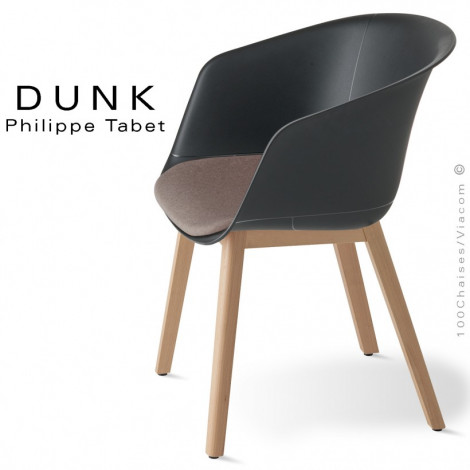 Fauteuil repas design DUNK, assise coque plastique couleur avec coussin, piétement bois massif de hêtre, finition vernis.|Fauteuil / Chauffeuse|100chaises