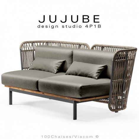 Canapé d'extérieur JUJUBE, structure acier peint, assise avec coussins, habillage tissu déperlant, dossier corde marine tressé.|Banquettes / Bancs / Poufs|100chaises