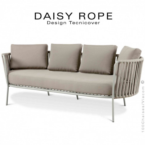 Salon de jardin, sofa, canapé large lounge DAISY-ROPE, structure acier peint, tressage cordage, assise coussin habillage tissu.|Banquettes / Bancs / Poufs|100chaises