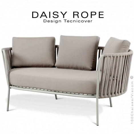 Salon de jardin, sofa, canapé lounge DAISY-ROPE, structure acier peint, tressage cordage, assise coussin habillage tissu.|Banquettes / Bancs / Poufs|100chaises