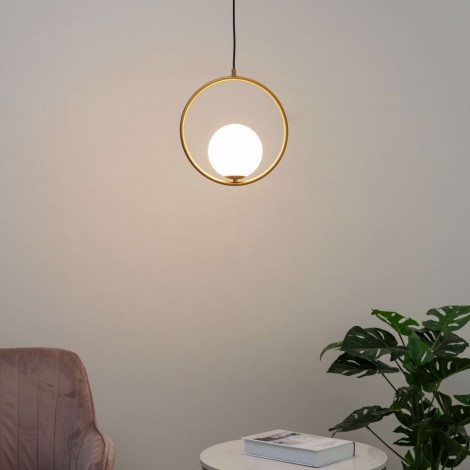 Suspension boule verre blanc avec anneau doré - Yara|Lustre|Kosilum