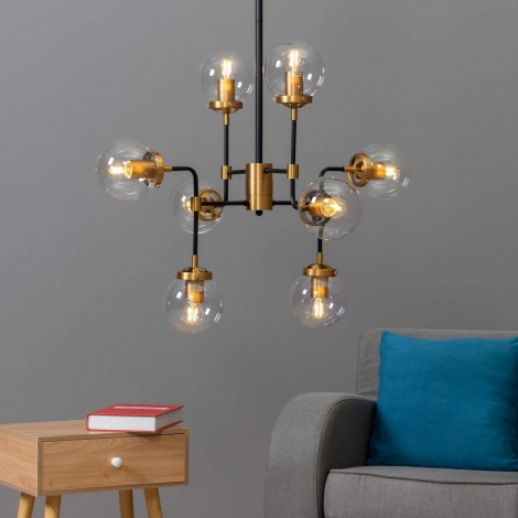 Lustre Industriel Doré à 8 Bras - Verre Transparent Zenith|Lustre|Kosilum