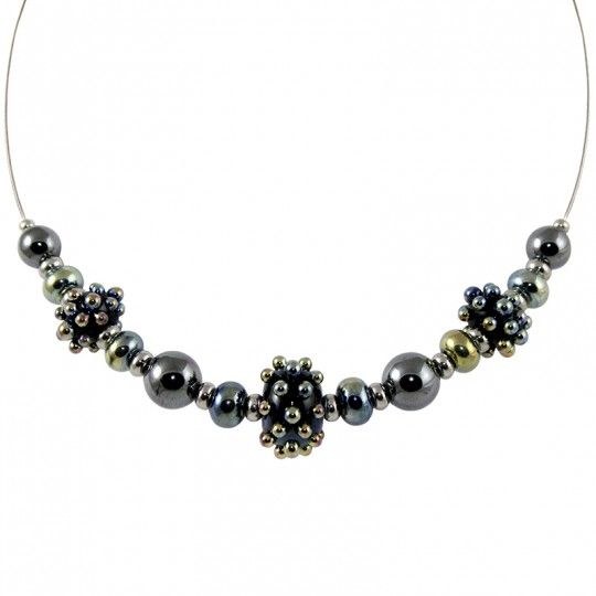 Collier style Murano et perles d'Hématite anthracite