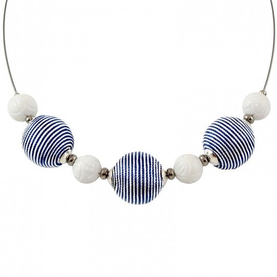 Collier perles d'Agate blanche et perles de textile bleu et blanc