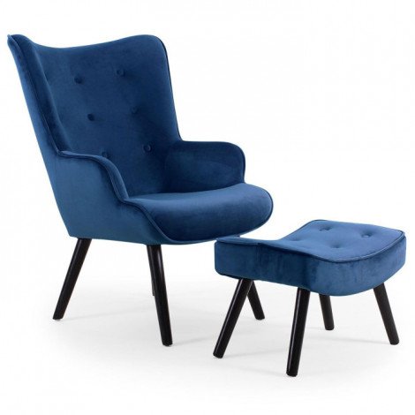 Fauteuil & Pouf Scandinave Velours "Nomi" 100cm Bleu|Fauteuil / Chauffeuse|Paris Prix