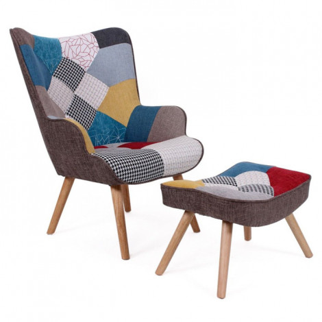 Fauteuil Scandinave & Pouf Patchwork "Orle" 98cm Multicolore|Fauteuil / Chauffeuse|Paris Prix