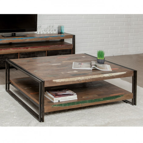 Table Basse Carré en Teck Industriel "Loft" 120cm Marron|Table Basse|Paris Prix