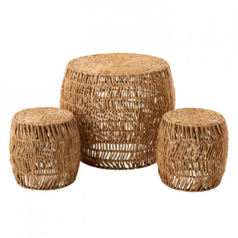 Table d'Appoint & 2 Tabourets "Maurice" 76cm Naturel|Table Basse|Paris Prix