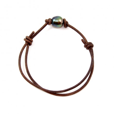 Bracelet cuir brun avec perle de Tahiti
