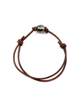Bracelet cuir brun avec perle de Tahiti - By "NACRE NOIRE"
