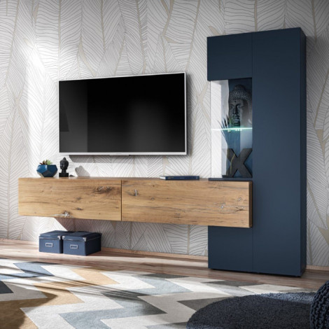 Ensemble Meuble TV Design "Marino" 210cm Naturel & Bleu|Meuble TV|Paris Prix