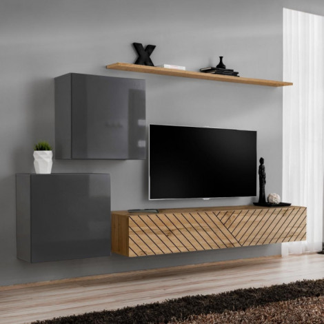 Ensemble Meuble TV "Switch Lamel V" 250cm Naturel & Gris|Meuble TV|Paris Prix