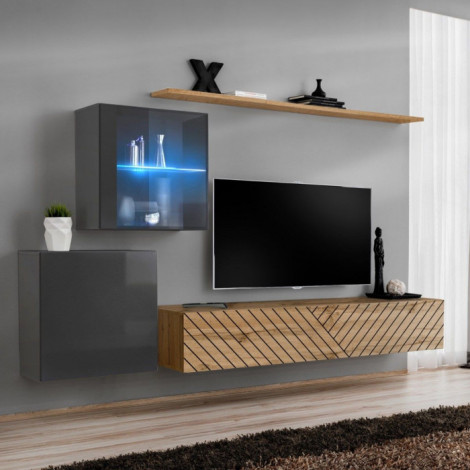 Ensemble Meuble TV "Switch Lamel XV" 260cm Naturel & Gris|Meuble TV|Paris Prix