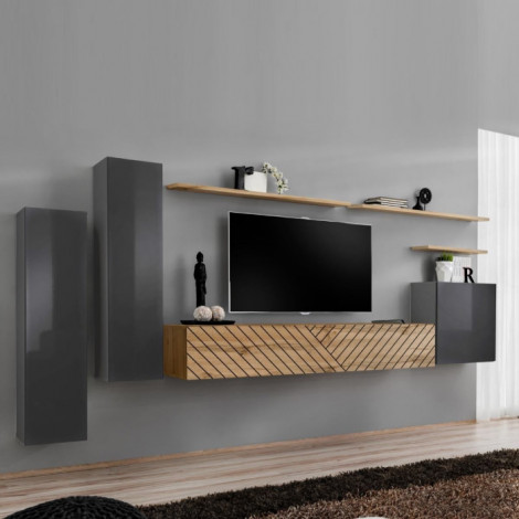 Ensemble Meuble TV "Switch Lamel I" 330cm Naturel & Gris|Meuble TV|Paris Prix