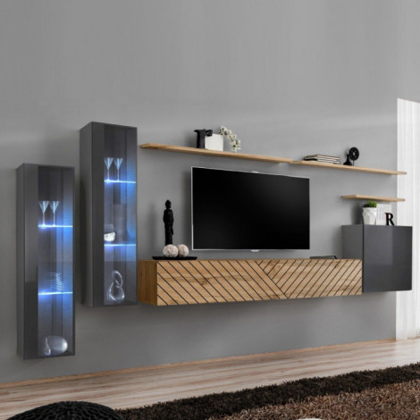 Ensemble Meuble TV "Switch Lamel XI" 330cm Naturel & Gris|Meuble TV|Paris Prix