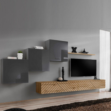Ensemble Meuble TV "Switch Lamel X" 330cm Naturel & Gris|Meuble TV|Paris Prix