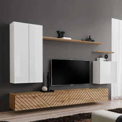 Ensemble Meuble TV "Switch Lamel II" 270cm Naturel & Blanc|Meuble TV|Paris Prix