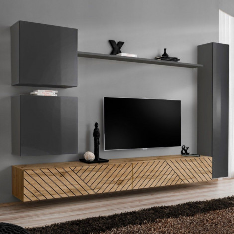Ensemble Meuble TV "Switch Lamel VIII" 280cm Naturel & Gris|Meuble TV|Paris Prix