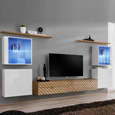 Ensemble Meuble TV "Switch Lamel XIV" 320cm Naturel & Blanc|Meuble TV|Paris Prix