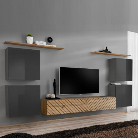 Ensemble Meuble TV "Switch Lamel IV" 320cm Naturel & Gris|Meuble TV|Paris Prix
