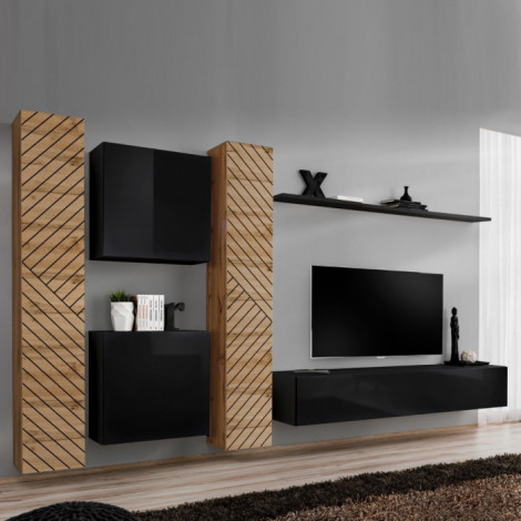 Ensemble Meuble TV "Switch Lamel VI" 330cm Noir & Naturel|Meuble TV|Paris Prix
