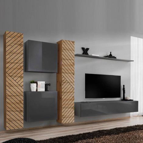 Ensemble Meuble TV "Switch Lamel VI" 330cm Gris & Naturel|Meuble TV|Paris Prix