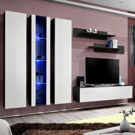 Meuble TV Mural Design "Fly IV" 310cm Blanc & Noir|Meuble TV|Paris Prix
