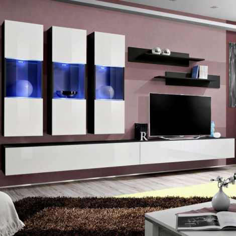 Meuble TV Mural Design "Fly II" 320cm Blanc & Noir|Meuble TV|Paris Prix