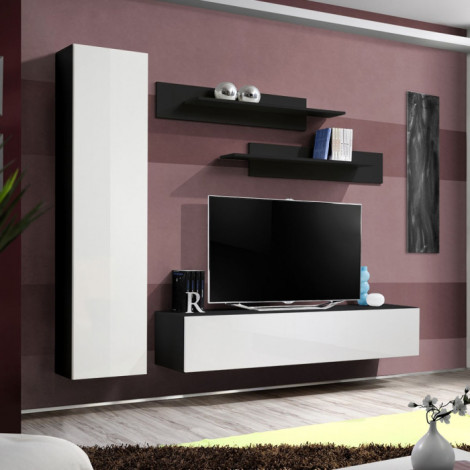 Meuble TV Mural Design "Fly I" 210cm Blanc & Noir|Meuble TV|Paris Prix