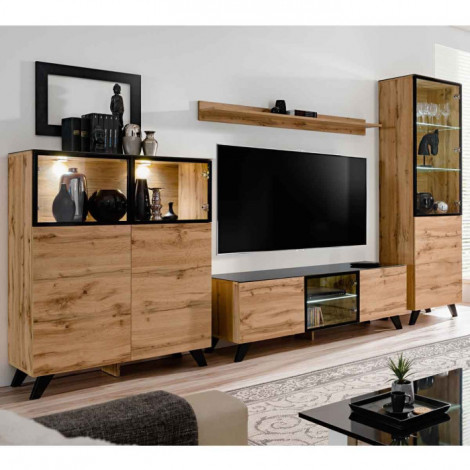Ensemble Meuble TV & Bibliothèque "Thin" 330cm Noir & Naturel|Meuble TV|Paris Prix