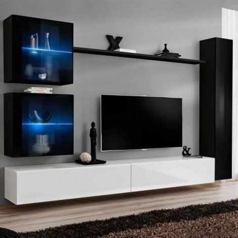 Meuble TV Mural Design "Switch XVIII" 280cm Blanc & Noir|Meuble TV|Paris Prix