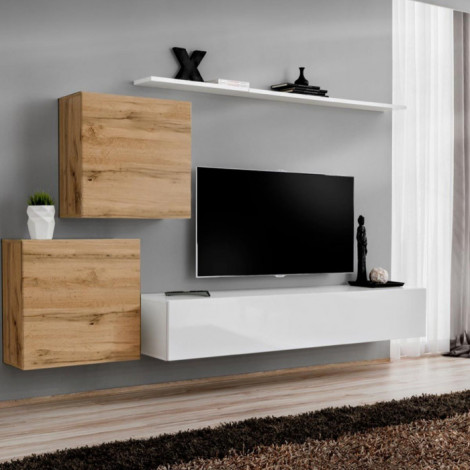 Meuble TV Mural Design "Switch V" 250cm Naturel & Blanc|Meuble TV|Paris Prix