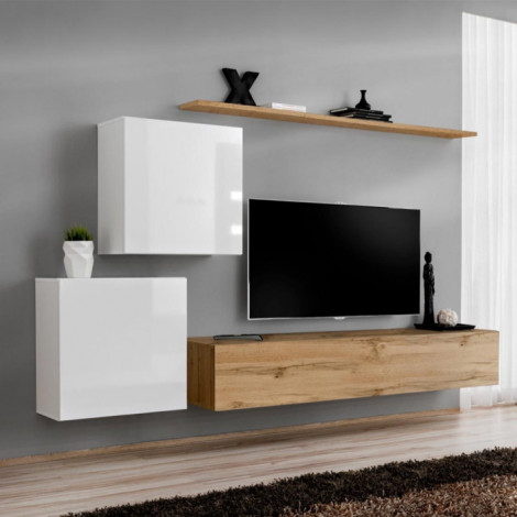 Meuble TV Mural Design "Switch V" 250cm Blanc & Naturel|Meuble TV|Paris Prix