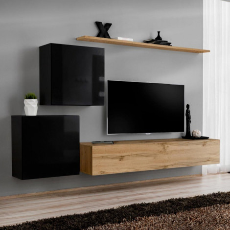 Meuble TV Mural Design "Switch V" 250cm Noir & Naturel|Meuble TV|Paris Prix
