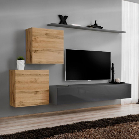Meuble TV Mural Design "Switch V" 250cm Naturel & Gris|Meuble TV|Paris Prix