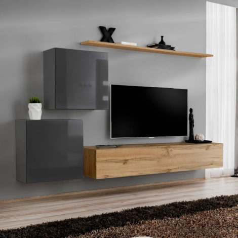 Meuble TV Mural Design "Switch V" 250cm Gris & Naturel|Meuble TV|Paris Prix