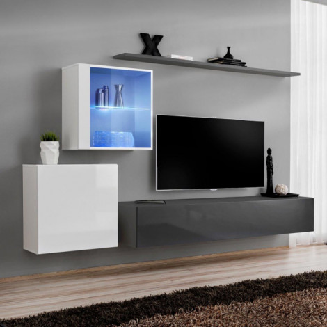 Meuble TV Mural Design "Switch XV" 260cm Gris & Blanc|Meuble TV|Paris Prix