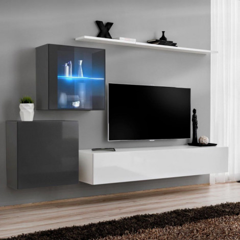 Meuble TV Mural Design "Switch XV" 260cm Blanc & Gris|Meuble TV|Paris Prix