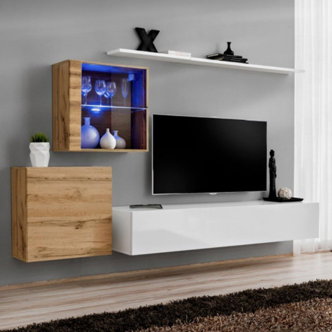 Meuble TV Mural Design "Switch XV" 260cm Blanc & Naturel|Meuble TV|Paris Prix