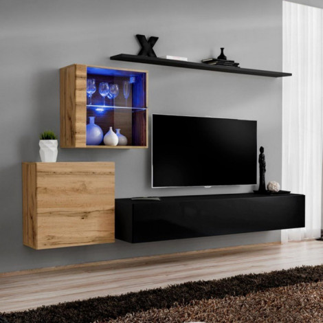 Meuble TV Mural Design "Switch XV" 260cm Noir & Naturel|Meuble TV|Paris Prix