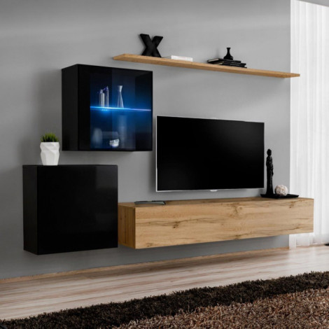 Meuble TV Mural Design "Switch XV" 260cm Naturel & Noir|Meuble TV|Paris Prix