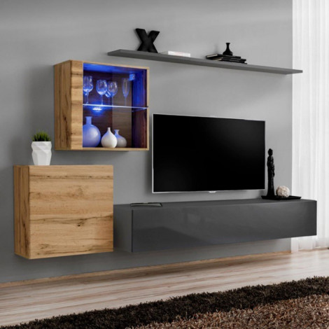 Meuble TV Mural Design "Switch XV" 260cm Gris & Naturel|Meuble TV|Paris Prix